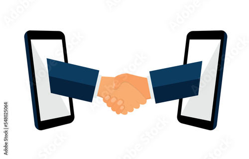 Business handshake vector illustration flat style. Online Communication, two business man handshake on mobile, Businesspersons shaking hands through display of a phone. Handshake and mobile phones