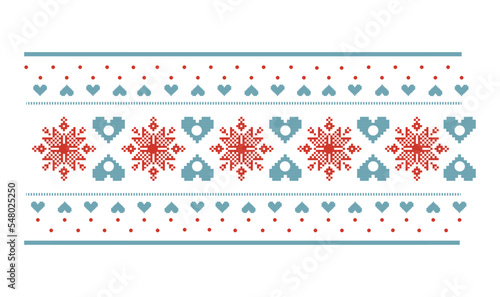 Winter stitch, knitting seamless pattern. Snowflakes, snowflakes, hearts, decorative elements in red and blue.