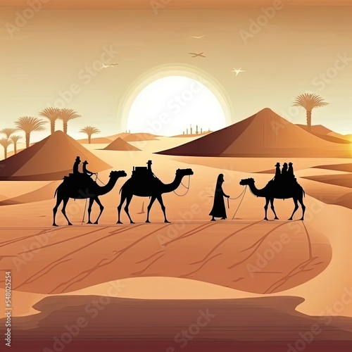 Caravan in desert background. arab people and camels silhouettes in sands. caravan with camel, camelcade silhouette travel to sand desert illustration
