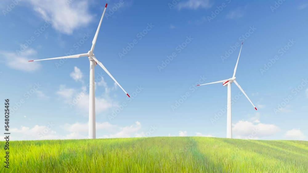 4K Ultra Hd. Panoramic view of wind farm or wind park, with high wind turbines for generation electricity. green energy concept. Windmills in the on a beautiful bright day. 3d animation. 4K Ultra Hd. Panoramic view of wind farm or wind park, with high wind turbines for generation electricity. green energy concept. Windmills in the on a beautiful bright day. 3d animation.
