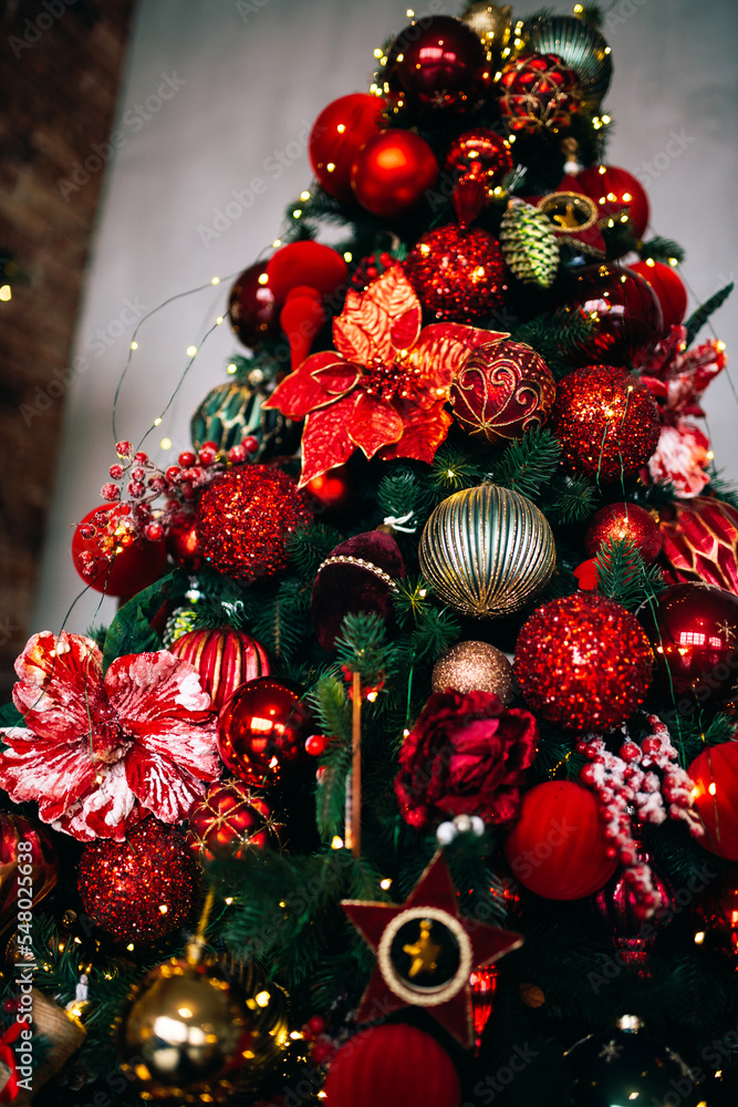 Close-up of balls on a Christmas tree. Christmas and New Year concept.