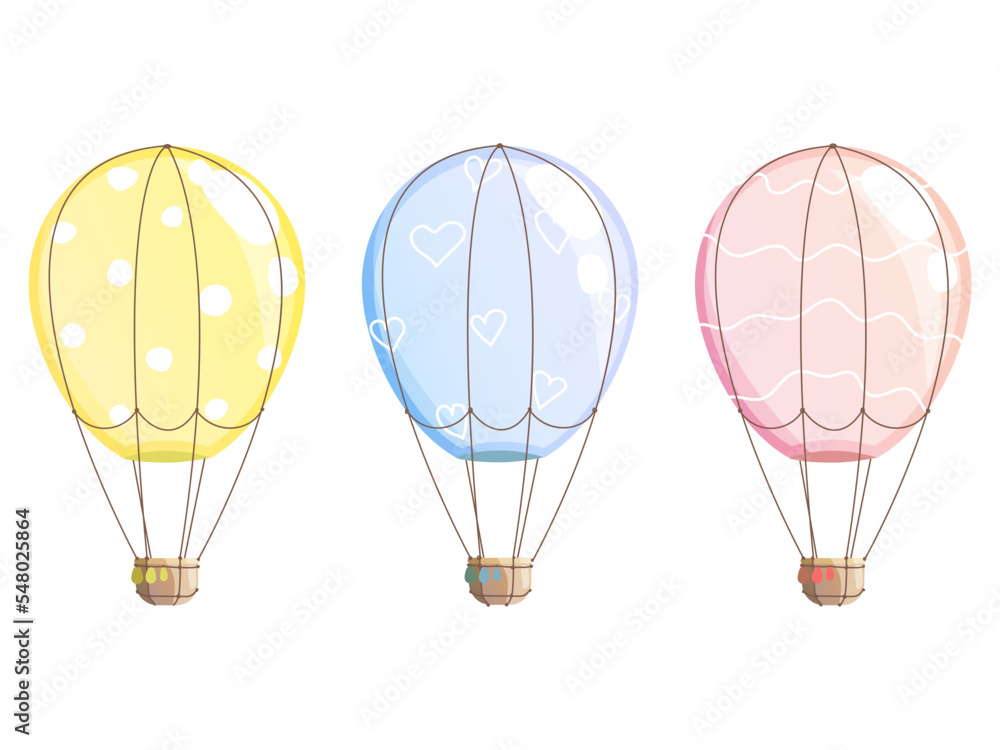 Set of three balloons flat boho cartoon style, cute design, decorative