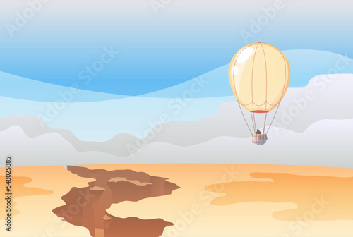 Afternoon landscape with yellow balloon in dessert, canyon, blue sky, flat illustration