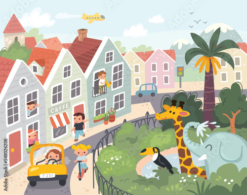 Street view of green сity with happy kids and zoo. Landscape with cozy colorful european town. People, chilldren walk, stroll around residential area, neighborhood. Midday, afternoon in little town.