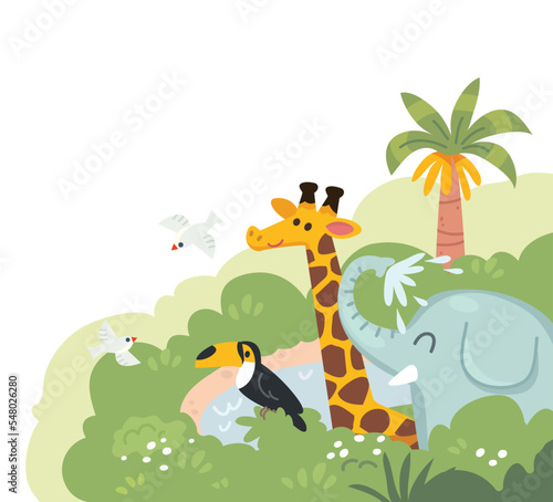 Toucan, giraffe, elephant peeking out of a bush. African animals in the nature, in savannah. Animals of African landscape. The fauna of Africa, animals living in Africa. Layout for postcard.