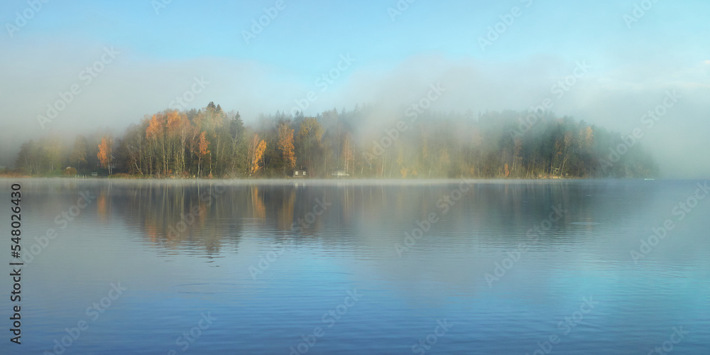 Fog on shores of Finnish Tuusula lake: morning, autumn, calm. Fog on shores of Finnish Tuusula lake: morning, autumn, calm.
