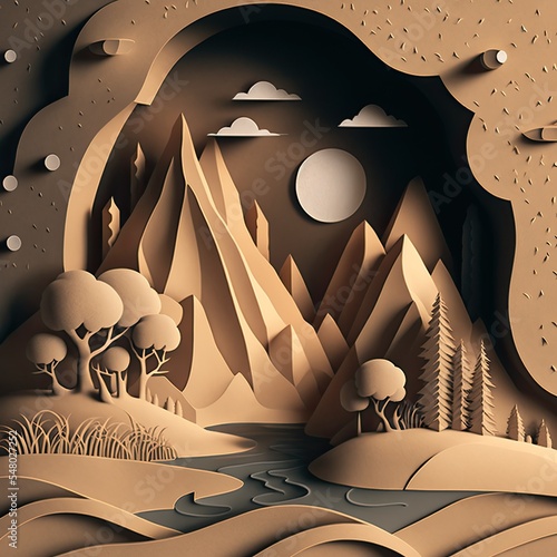 Illustration papercut pop up landscape of a gorgeous river with very tall mountains and trees at night photo
