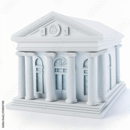 Bank building with columns at the entrance Isolated on white background. Cartoon mimal soft style. 3d illustration photo