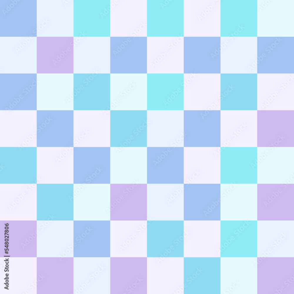 Blue and purple pastel checkerboard pattern background.