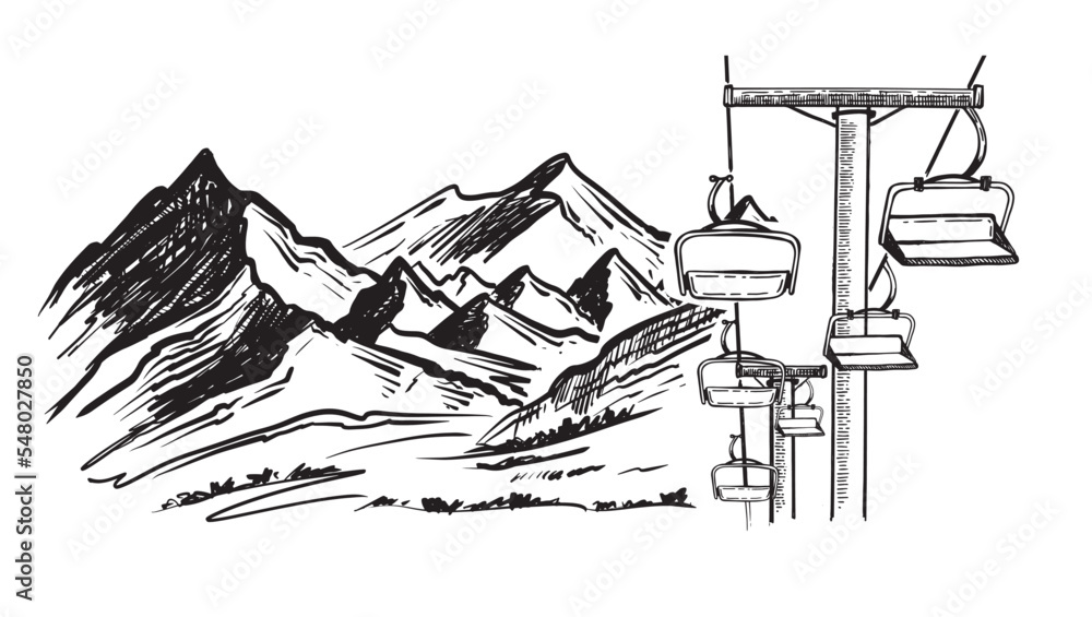 Landscape mountains. Sketch of ski resort. Hand drawn illustration.	
