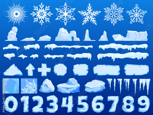 Numbers and symbols made from pieces of ice and snow chunks, big icebergs, severe frost elements for design, snowflakes cartoon style, vector illustration