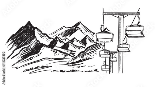 Landscape mountains. Sketch of ski resort. Hand drawn illustration.	
