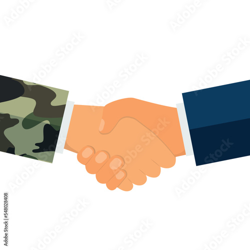 Handshake businessman and soldier. Vector illustration