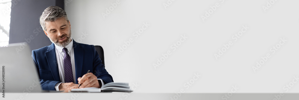 Business Ad. Wide Banner With Handsome Middle Aged Businessman Working In Office