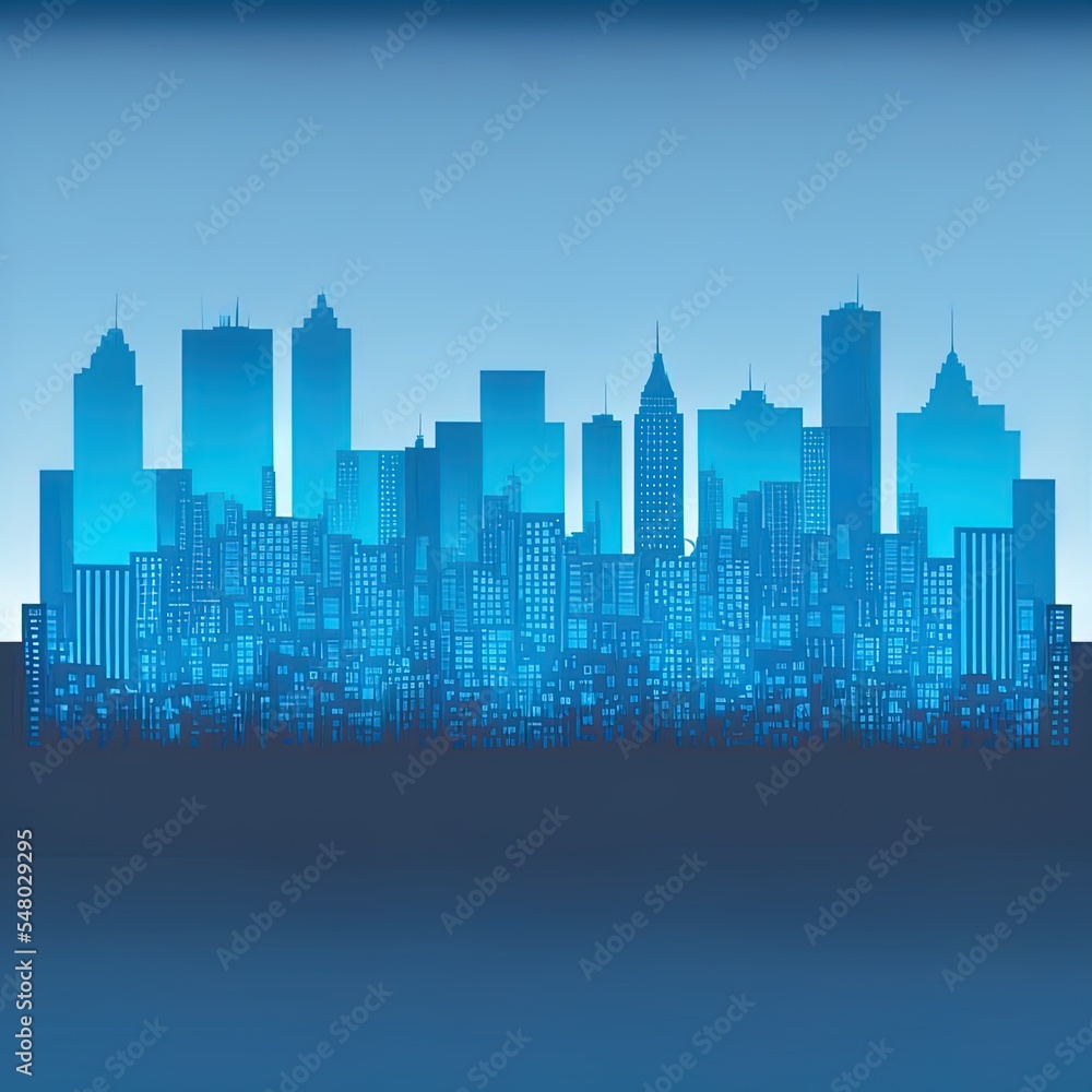 City skyline illustration, blue city silhouette.