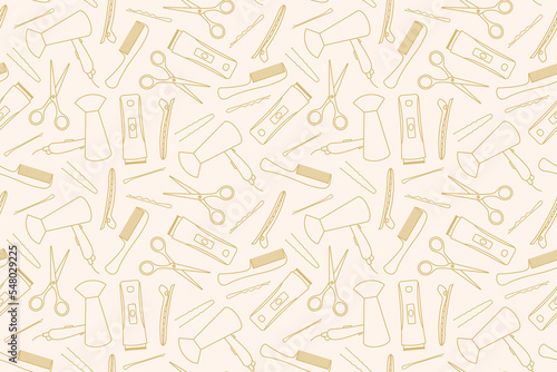 seamless hairdressing tools pattern: hairdryer, clipper, comb, scissors, hair bulb, clip and bobby pins- vector illustration