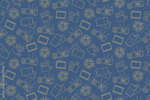 seamless pattern with movie industry icons: camera, film reel and frame, projector, cinema tickets - vector illustration