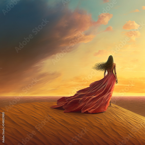 one full body beautiful woman meditation with long hair standing on a top of desert sand dunes at sunrise with long dress generative ai 