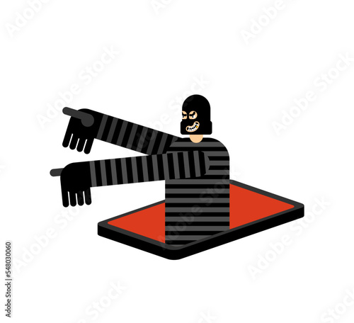 Thief in smartphone. scammer in gadget. Vector illustration