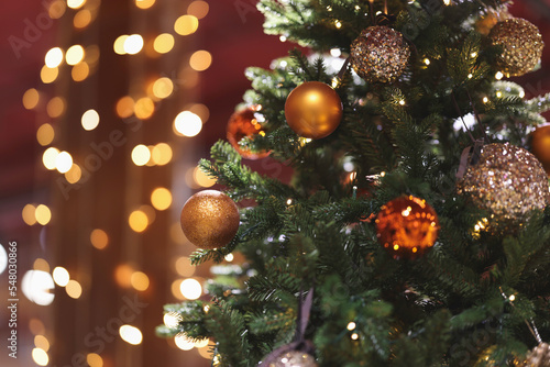 Christmas tree indoor, lights bokeh around, Christmas atmosphere, Christmas holidays banner