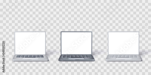 Set of 3D laptop in black and silver colour. Laptop mock up with white screen for business designs