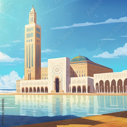 Hassan ii mosque surrounded by water and buildings under a blue sky and sunlight