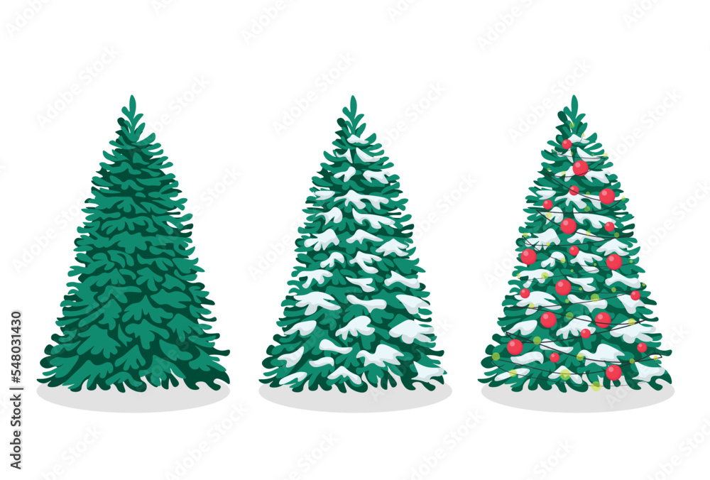 Set of christmas tree silhouette with decorations, vector illustration isolated on white background, template for design, greeting card, invitation.