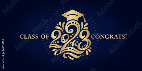 Congratulations on graduation from school, college, institute in 2023. Congratulations for graduates for a holiday, a party, a ball. Gold numbers 2023, a graduate's hat and on a blue background.