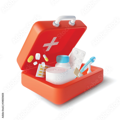 3d Simple Open Red First Aid Kit Plasticine Cartoon Style. Vector illustration of Doctor Suitcase with Medical Supplies