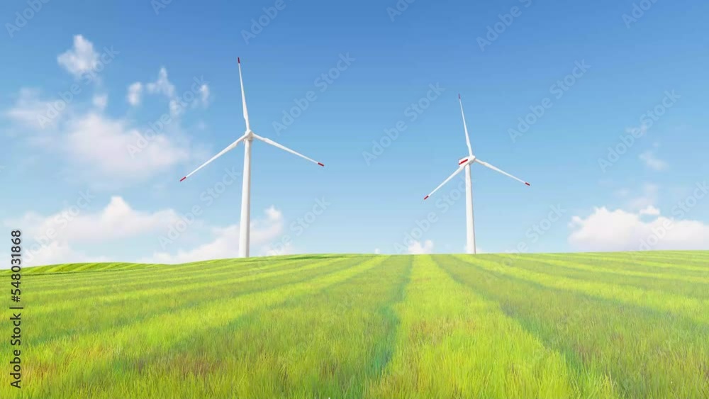 4K Ultra Hd. Panoramic view of wind farm or wind park, with high wind turbines for generation electricity. green energy concept. Windmills in the on a beautiful bright day. 4K Ultra Hd. Panoramic view of wind farm or wind park, with high wind turbines for generation electricity. green energy concept. Windmills in the on a beautiful bright day.