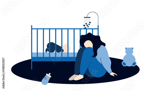 Depressed young woman with baby. Postpartum depression. Postnatal depression. Cartoon vector hand drawn eps 10 illustration isolated on white background.
