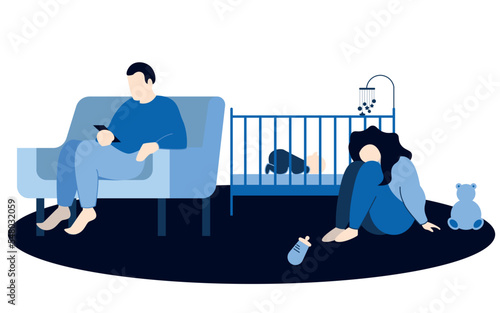 Postpartum depression semi flat isolated blue color vector illustration. Young parents cartoon character on white background. Irritated couple with newborn baby. Postnatal disorder. Anxiety
