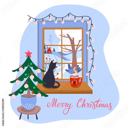 Winter window with view and holidays decorations. Merry Christmas lettering. Greeting card or poster template. Hand drawn vector illustration.