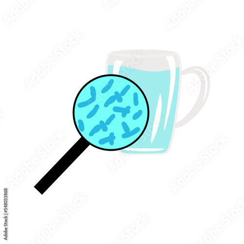 Cup Wather with magnifier and bacterium legionella. Symbol of legionella water test. Icon of legionnaire disease. Risk of bacteria infection. vector illustration eps10