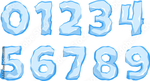 Numbers and symbols made from pieces of ice and snow chunks, big icebergs, severe frost elements for design cartoon style, vector illustration
