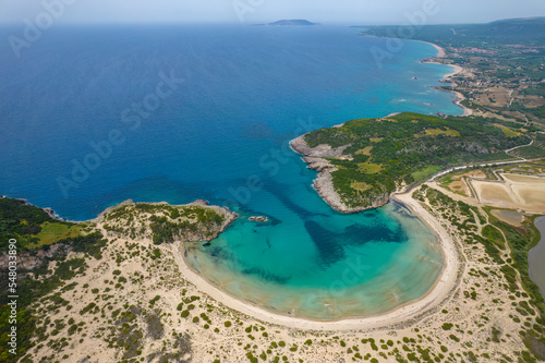 Fototapeta Naklejka Na Ścianę i Meble -  Aerial drone photo of the iconic  semicircular sandy beach of Voidokoilia in Messinia, Gialova, Peloponnese, Greece