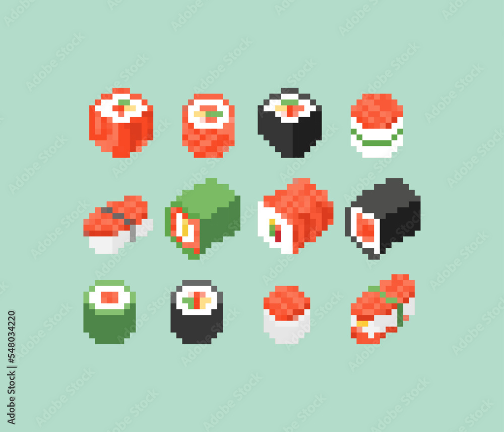 Sushi rolls pixel art set. 8 bit Traditional Japanese food. pixelated Vector illustration