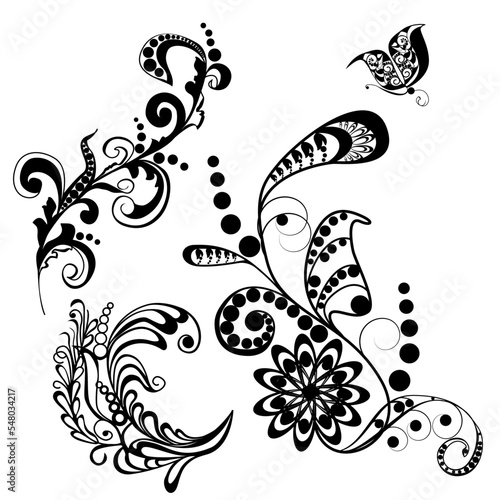 Graphic vector set of natural decorative patterns of flowers, leaves, spirals, butterflies
