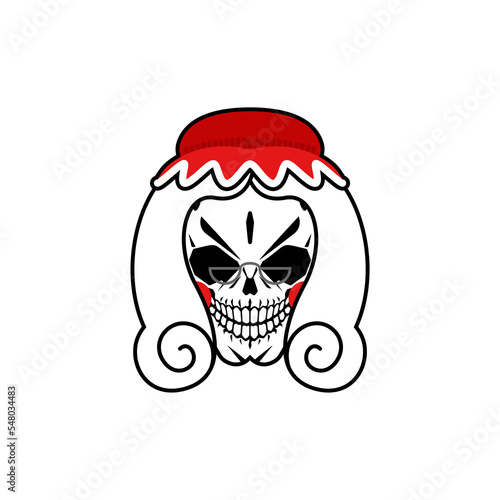 Mrs Santa's skull. Skeleton head with bonnet. Christmas and New Year scary illustration.