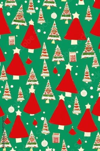 block printing pattern of red and white christmas trees, made by AI, artificial intelligence