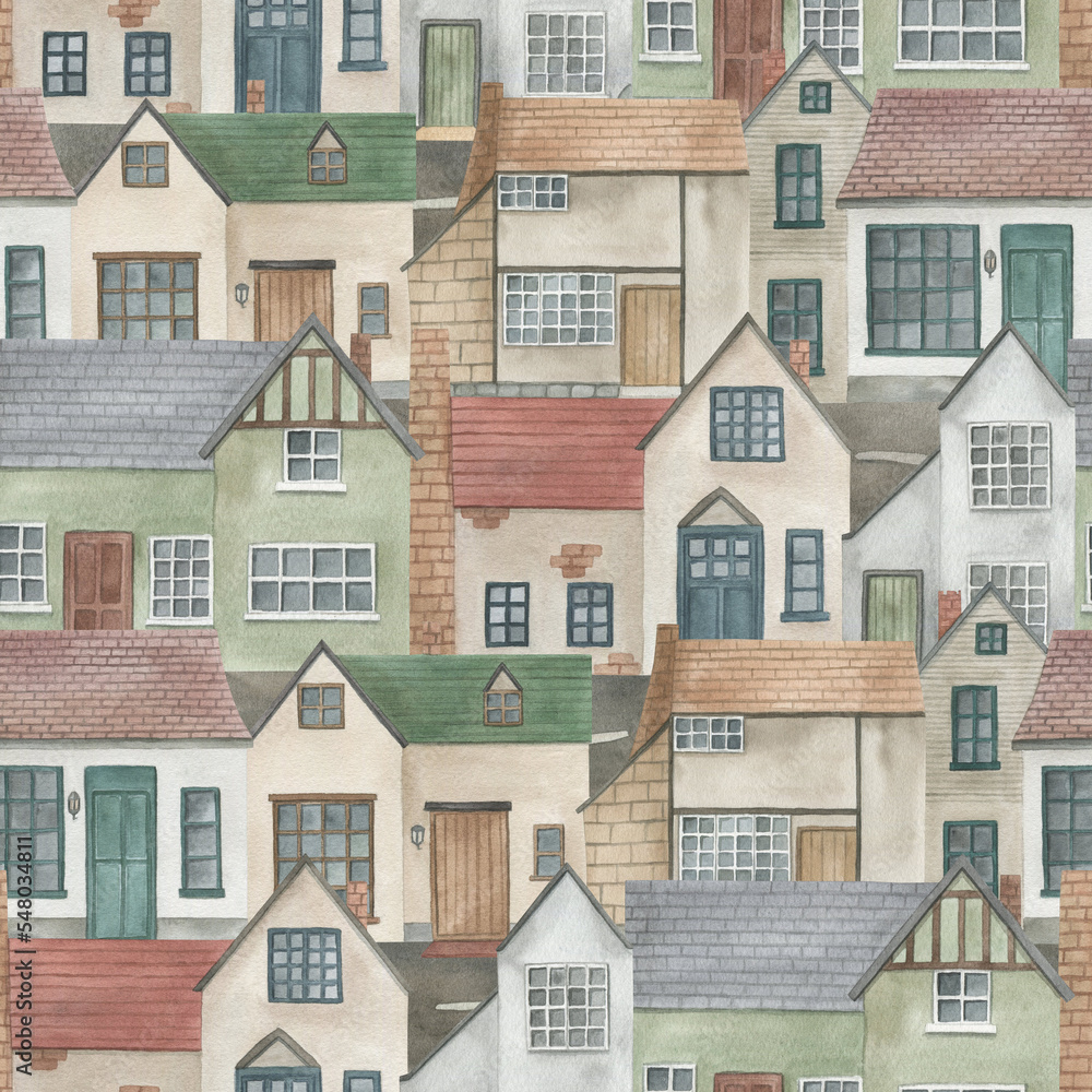 Watercolor seamless pattern with houses. Hand drawn illustration. Vintage background. Perfect for fabric, textile, wallpaper, kindergarten. Old city. Watercolor seamless pattern with houses. Hand drawn illustration. Vintage background. Perfect for fabric, textile, wallpaper, kindergarten. Old city.