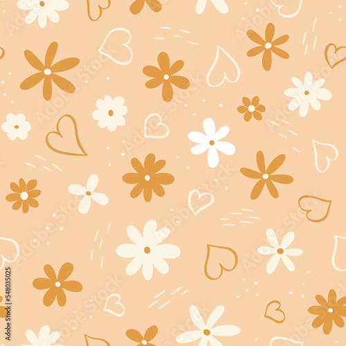 Hearts and flowers vector seamless pattern. Hand drawn scandinavian style  great for kids textile  packaging  scrapbook