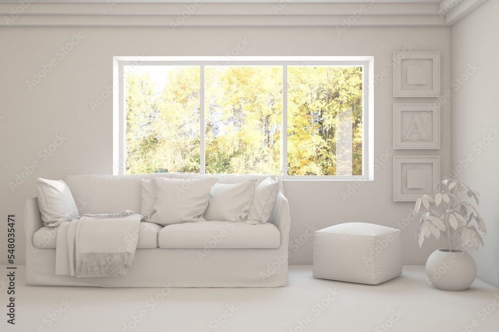 Stylish room in white color with sofa and autumn landscape in window. Scandinavian interior design. 3D illustration Stylish room in white color with sofa and autumn landscape in window. Scandinavian interior design. 3D illustration