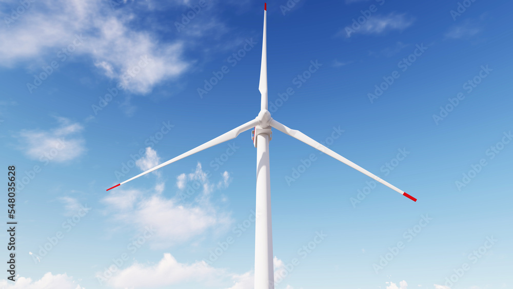 Wind farm for power generation in beautiful skies and swaying grass. Wind turbines produce clean renewable energy for sustainable development. 3d rendering. Wind farm for power generation in beautiful skies and swaying grass. Wind turbines produce clean renewable energy for sustainable development. 3d rendering.