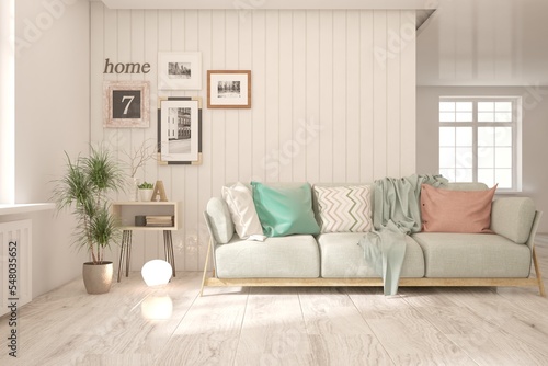 White living room with sofa. Scandinavian interior design. 3D illustration