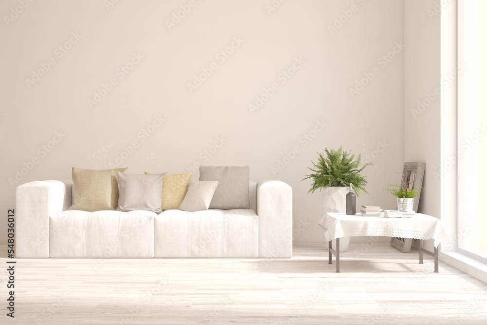 Fototapeta premium White living room with sofa. Scandinavian interior design. 3D illustration