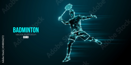 Abstract silhouette of a badminton player on black background. The badminton player man hits the shuttlecock. Vector illustration