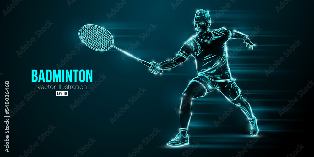Abstract silhouette of a badminton player on black background. The badminton player man hits the shuttlecock. Vector illustration
