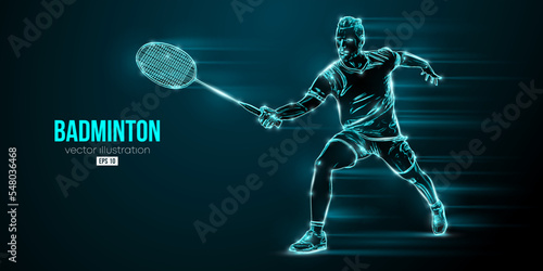 Abstract silhouette of a badminton player on black background. The badminton player man hits the shuttlecock. Vector illustration