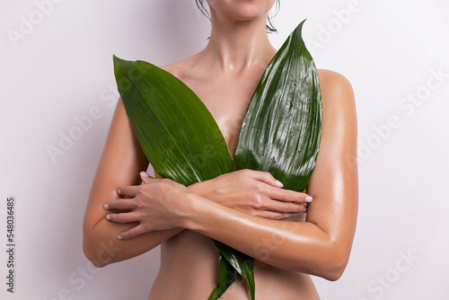 Obraz na płótnie young woman covers her breasts with a green leaf of a tropical plant in summer on a white background. ecological healthy weight loss of a person. w salonie
